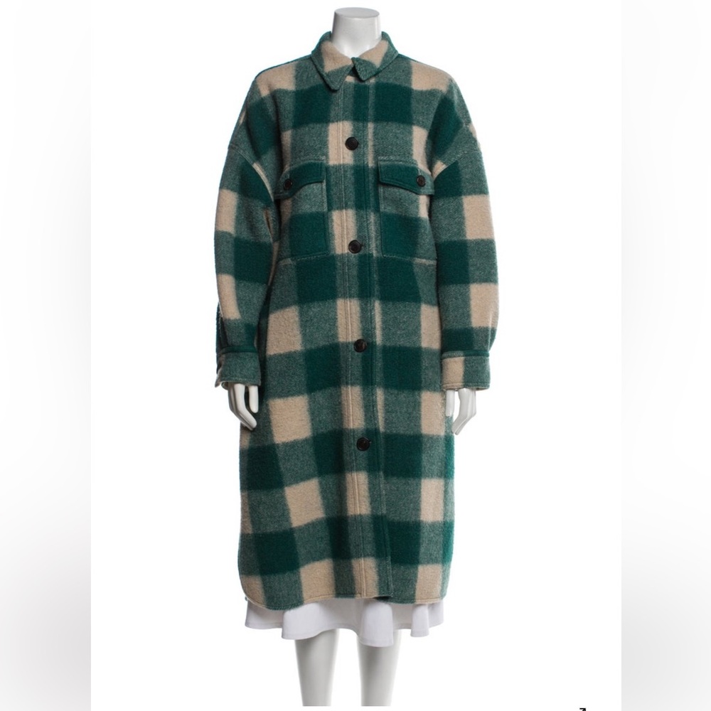 Stylish Green and Cream Checkered Pea Coat